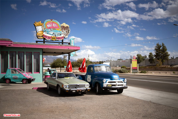 Route 66 scene with vintage signs and great American road trip routes Route 66 scene with vintage signs and great American road trip routes