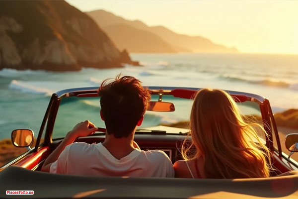 Couple enjoying romantic golden hour drive along a coastal highway with the best sunset views