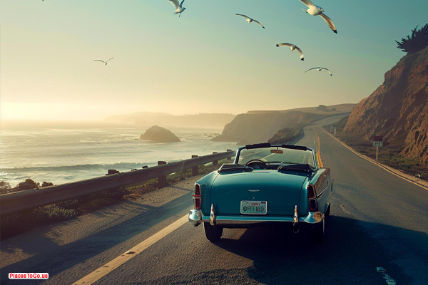 Scenic drive along the coast in a convertible car